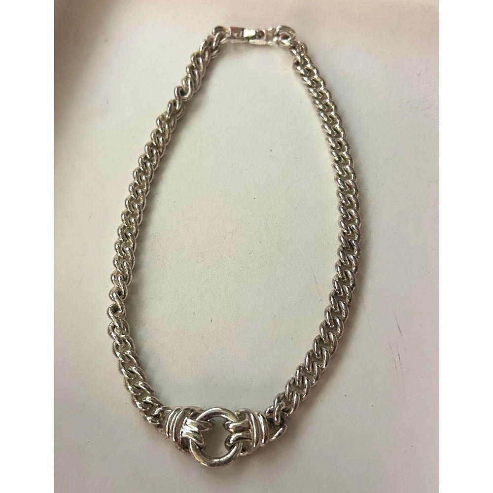 Silver Tone Curb Chain Necklace Knot Centerpiece Lobster Clasp